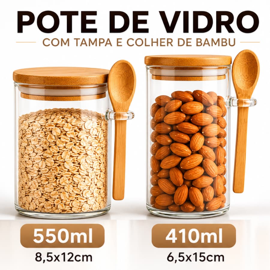 Pote De Vidro 550ML 410ML Redondo Organizador Hermetico Colher Armazenar Alimentos Tampa De Bambu