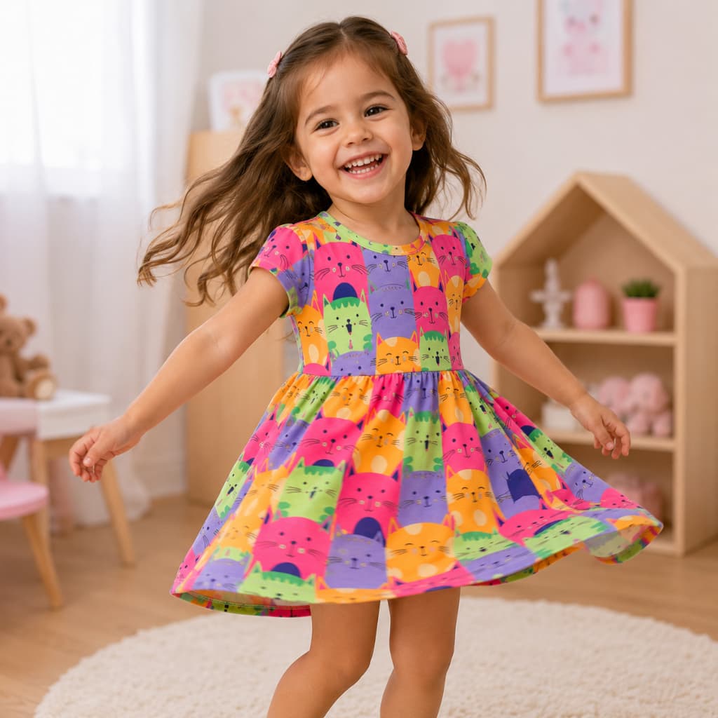 Vestido Infantil Menina Gatinho |  Vestido Infantil Tamanho 1 ao 10 | Vestido Menina Confortável | Vestido Fresquinho