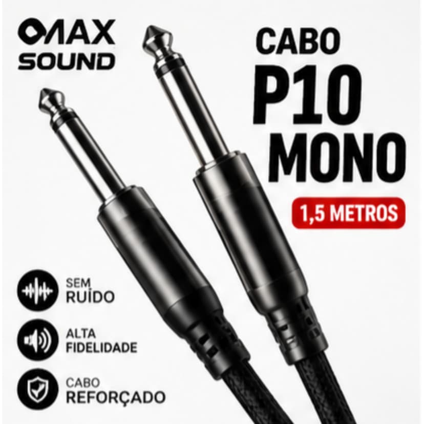 Cabo P10 Mono 6.35mm 1,5m Sem Ruído Alta Fidelidade Para Guitarra Violão Baixo Amplificador Mesa de Som Caixa de Som