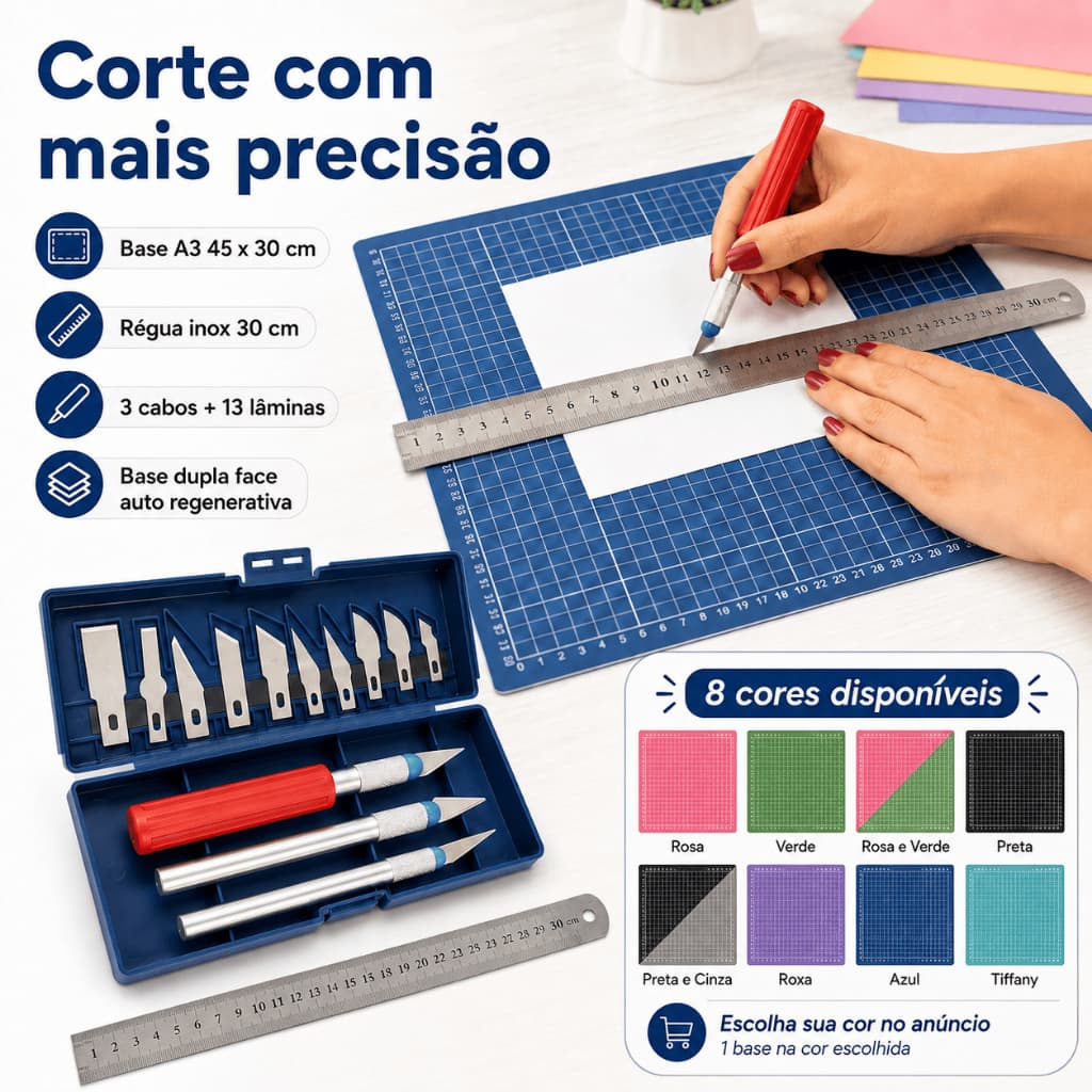 Kit Base de Corte A3 30x45cm Multiuso kit Estilete 13 Laminas Regua Metal 30cm Artesanato Patchwork