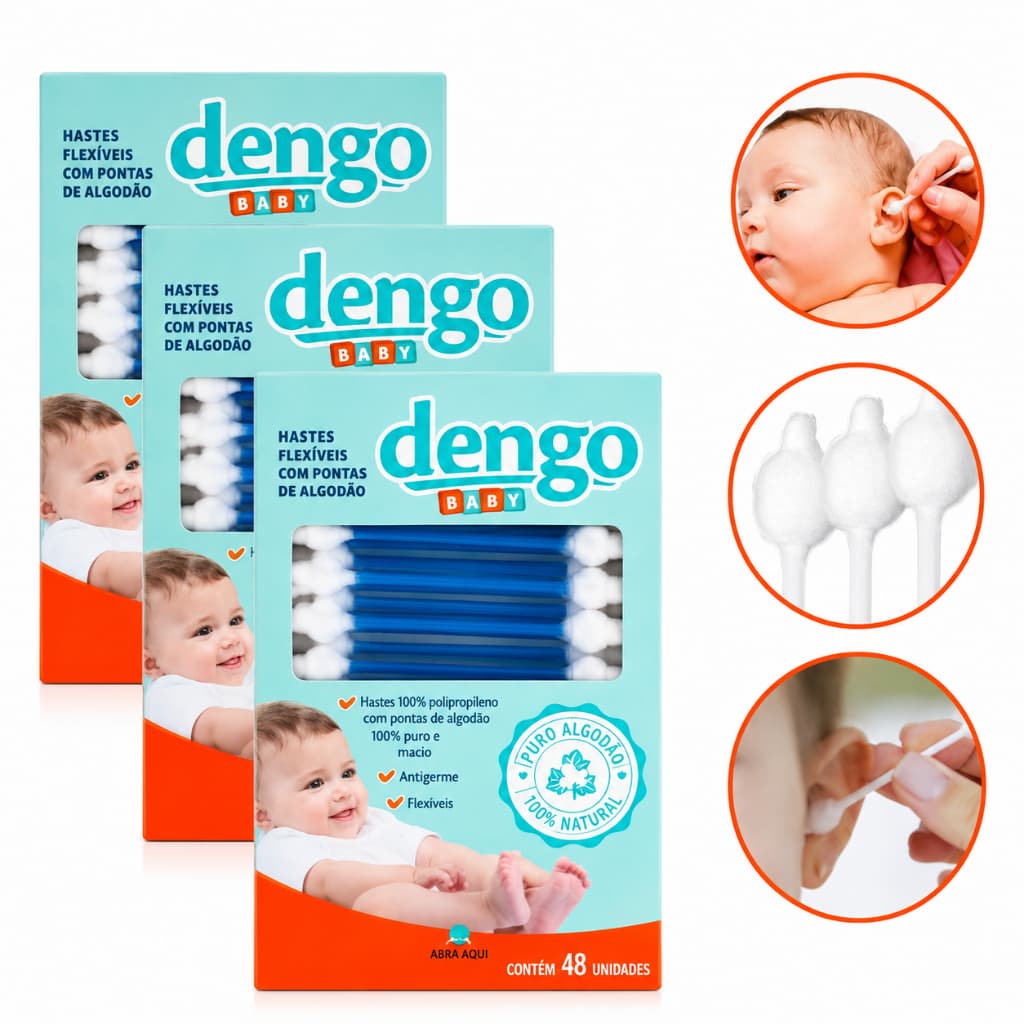 Kit 3 Hastes Flexíveis Cotonete Para Bebe Dengo Baby Com Pontas De Algodão 48 Unidades