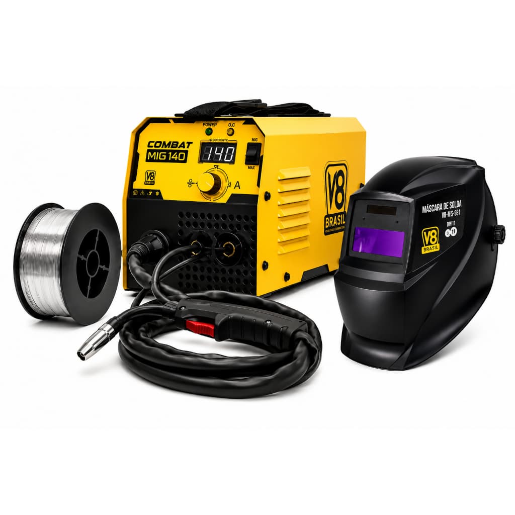Kit Máquina de Solda Combat MIG 140 220V + Máscara de Solda Automática + Arame MIG Sem Gás 0,8 mm 1 kg - V8 Brasil