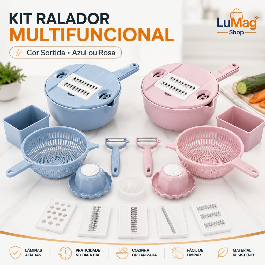 Kit Ralador e Fatiador de Legumes Multifuncional 12 Peças Cortador de Vegetais Manual Cor Sortida