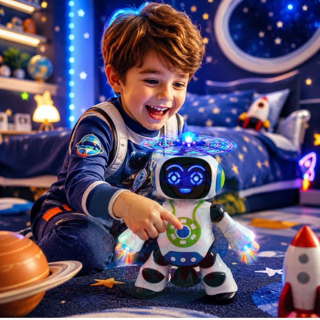 Brinquedo Robô Dançarino Luz Led Musical Gira 360 Graus Interativo Robo Som Musica Infantil Menino