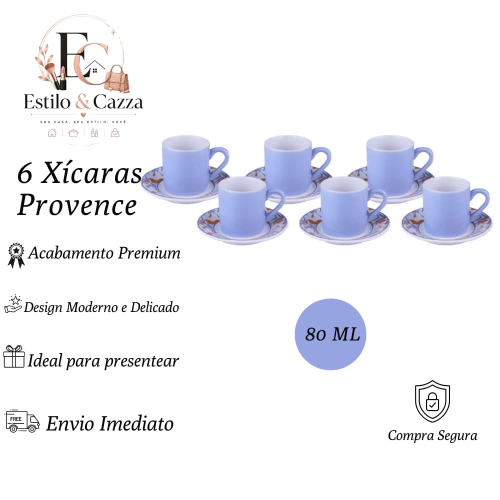 6 Xícaras de Café com Pires Cerâmica Provence Cazza 80 ML