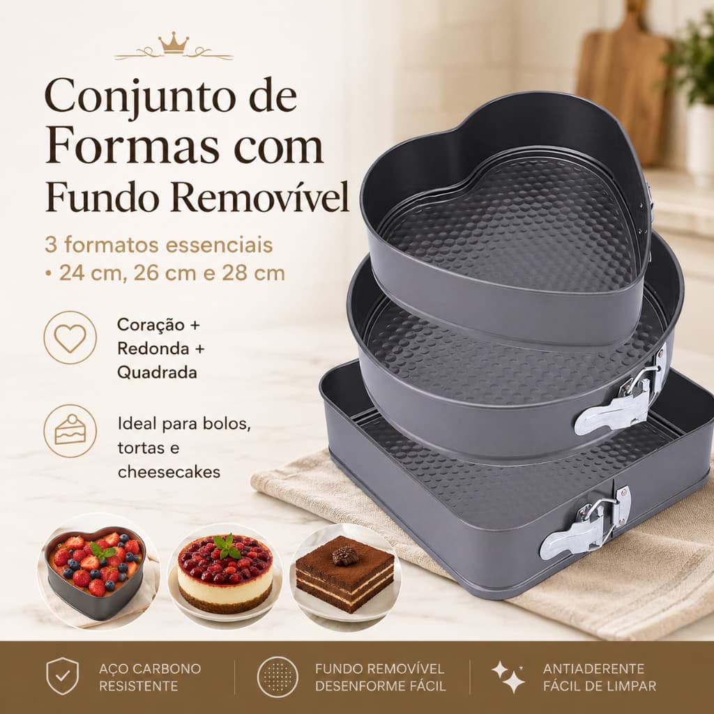 Kit 3 Conjunto Forma Assadeira Bolo Fundo Removível 3 formatos (coração, redonda, quadrada)