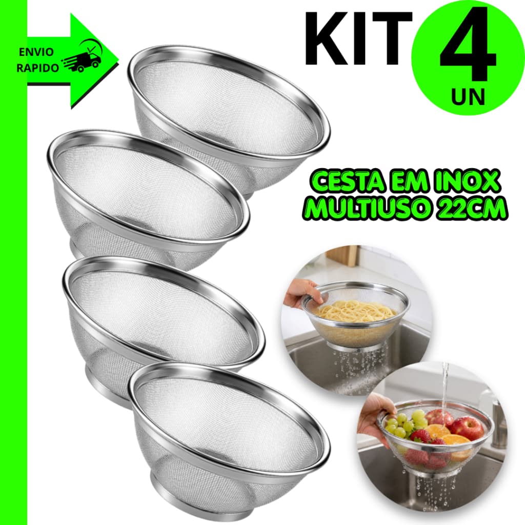 Cestas Multiuso Inox Resistente com Tela Fina 22cm Escorredor para Frutas Legumes em Geral Cozinha