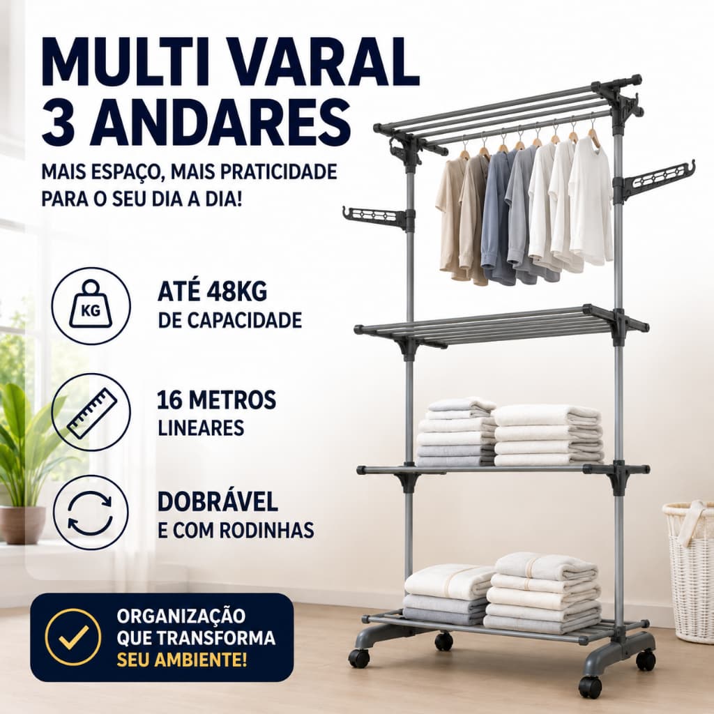 Varal de Chão Dobrável 3 Andares Compacto com Rodinhas Cabideiro Retrátil 6 Prateleiras Ajustáveis Suporta 48kg Preto