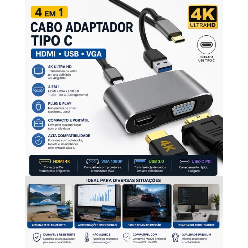Cabo Adaptador Para Conversor 4 Em 1 Tipo C Hdmi Usb Vga