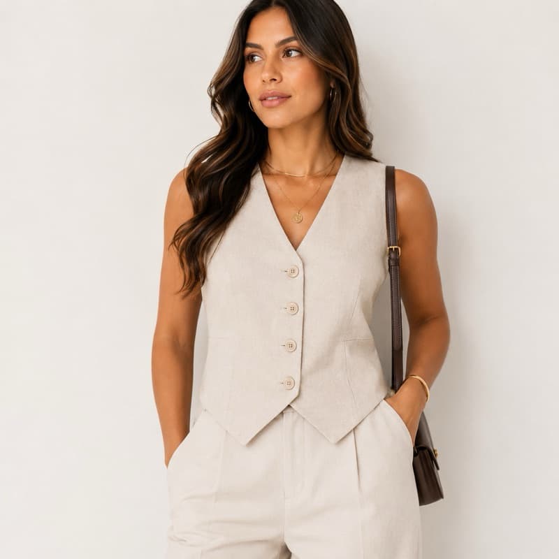 COLETE LINHO Feminino Rústico Social Alfaiataria Decote V Sem Bolso Elegante Casual Moda 2026