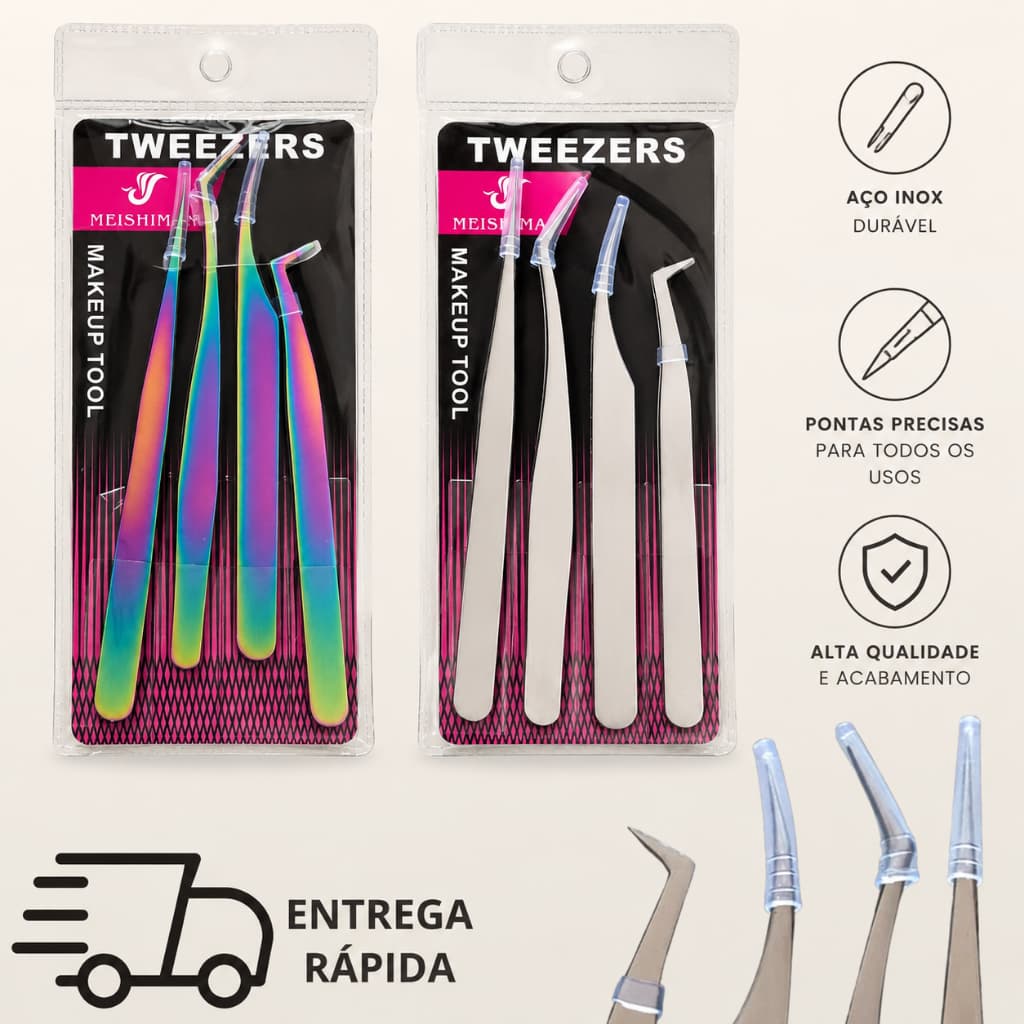 Kit 4 Pinças Curva Curvada Reta Extensão de cílios Fio a Fio Pronta Entrega