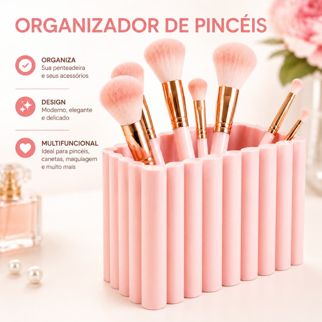 Porta Pincéis de Maquiagem Organizador Multiuso Porta Canetas Decorativo para Penteadeira Escritório Rosa Luxo