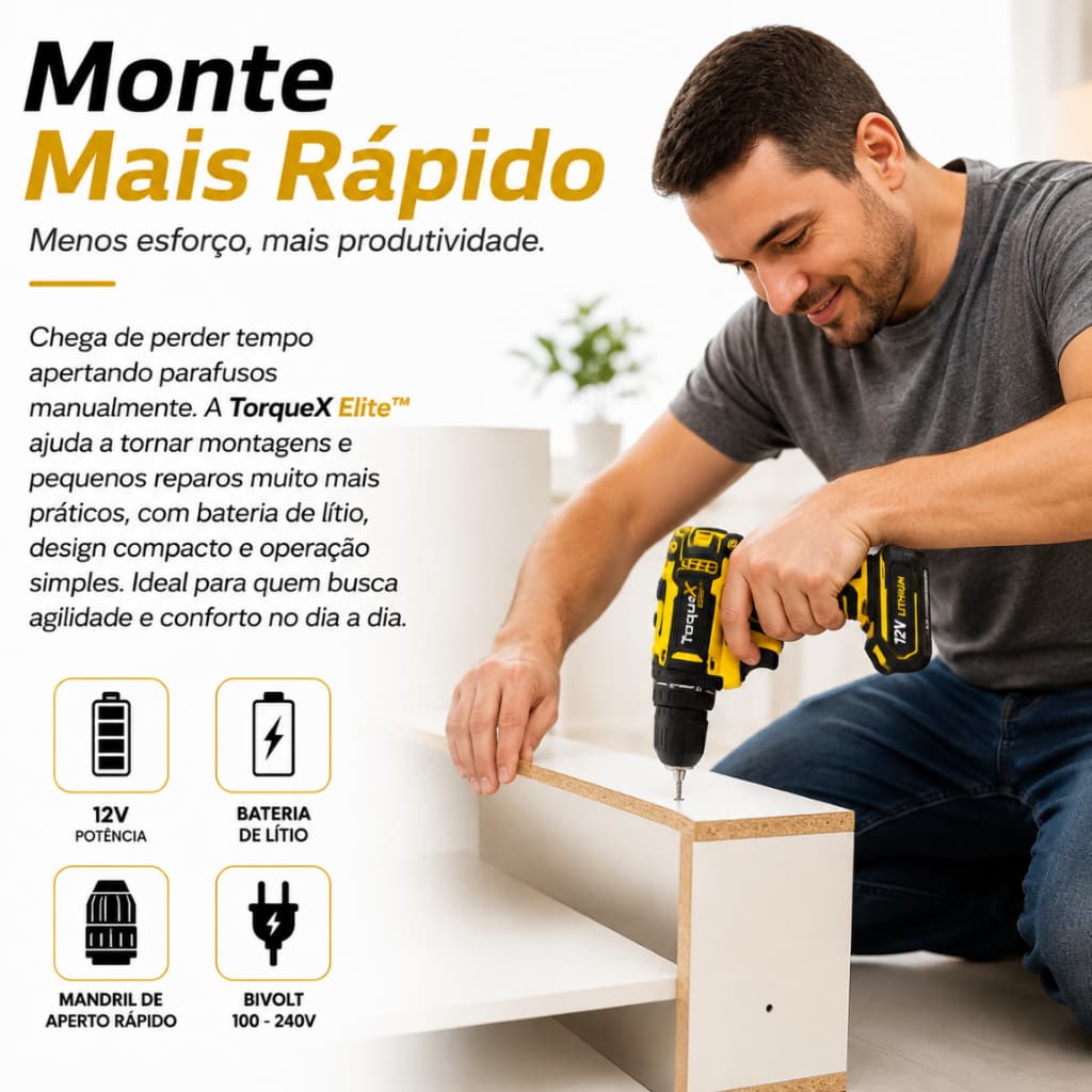 Parafusadeira Furadeira Sem Fio 12V TorqueX Elite™ Bateria de Lítio Kit 24 Peças Mandril 10mm Bivolt