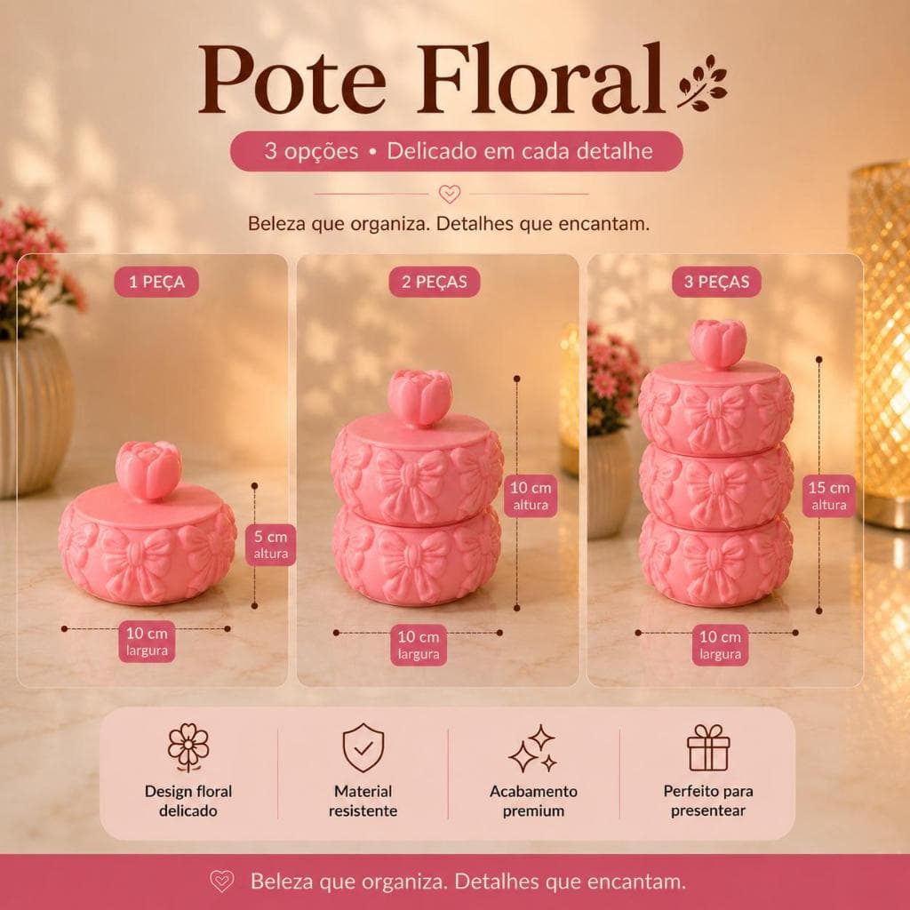 Pote Organizador Floral Porta Joias Algodão Maquiagem Delicado Empilhável Com Tampa