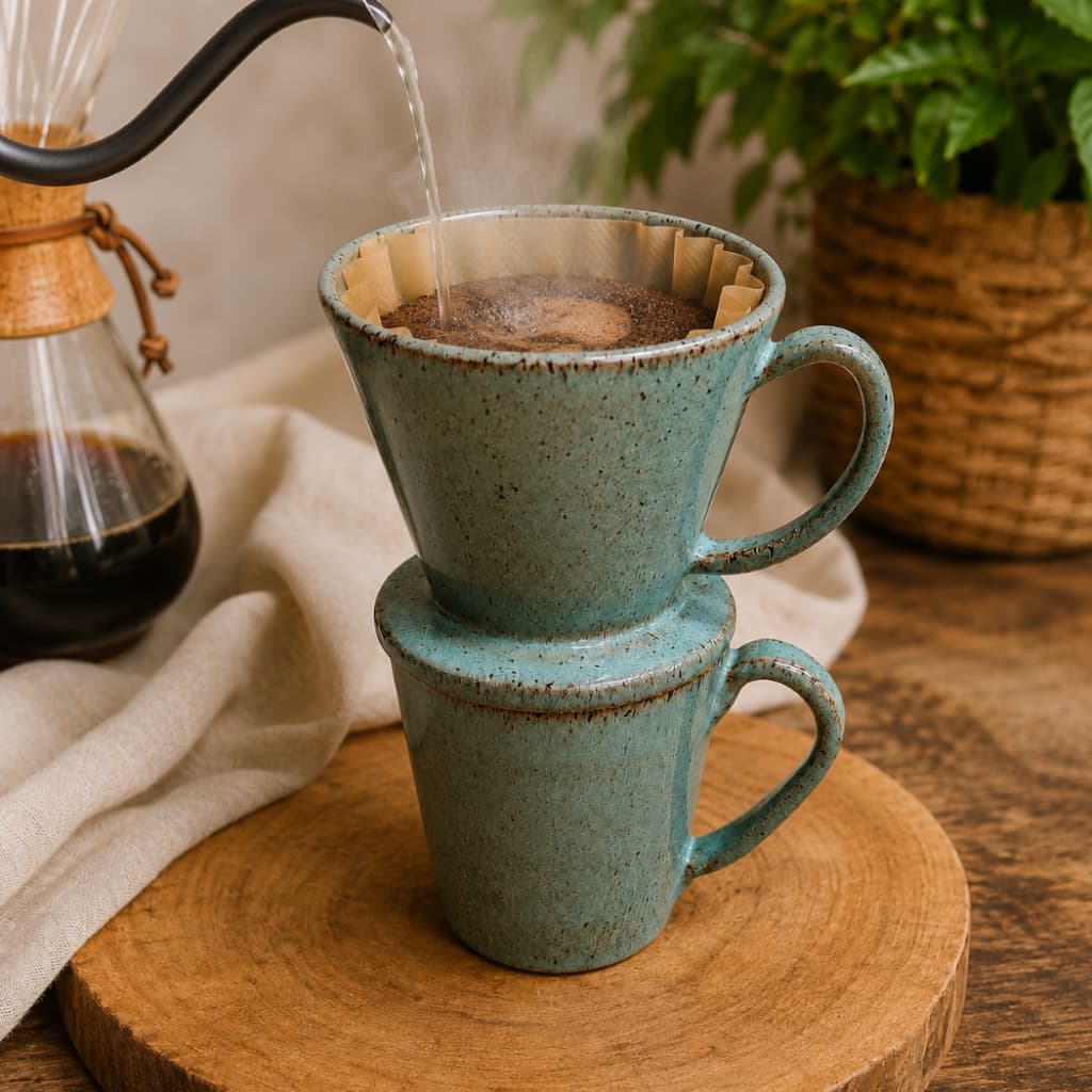 Conjunto Café Xícara 250ml + Coador Cerâmica Artesanal Passador de Café Cozinha Cafeteria Mesa Posta