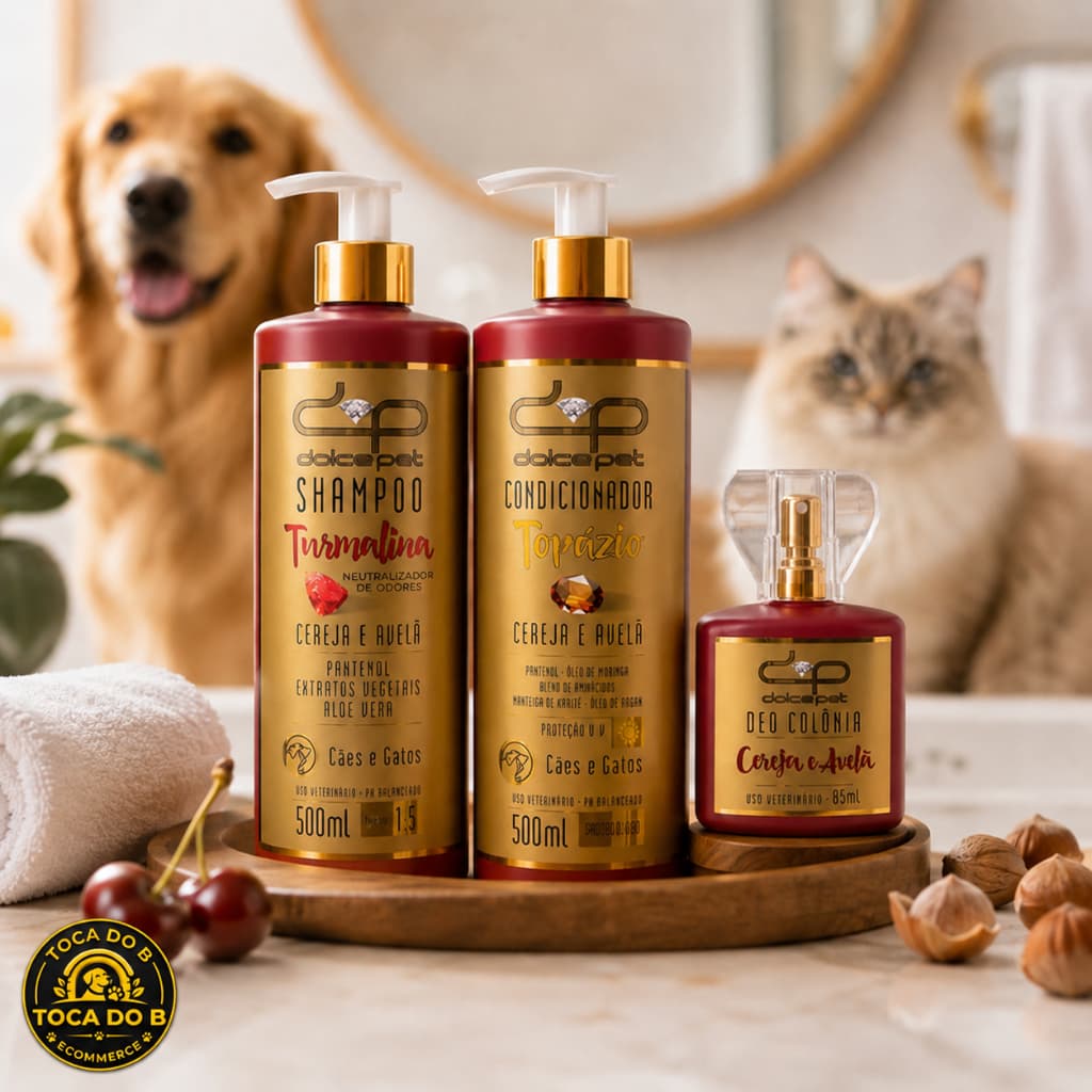 Kit Dolce Pet Shampoo Turmalina + Condicionador Cereja e Avelã + Perfume Cereja e Avelã Cães e Gatos