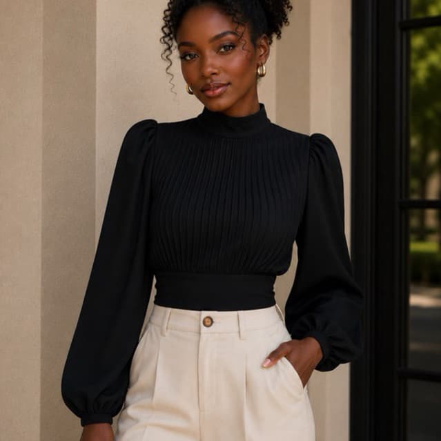 Blusa Feminina Plissada Gola Alta Manga Bufante Elegante Têndencia 2026 Moda Plissada