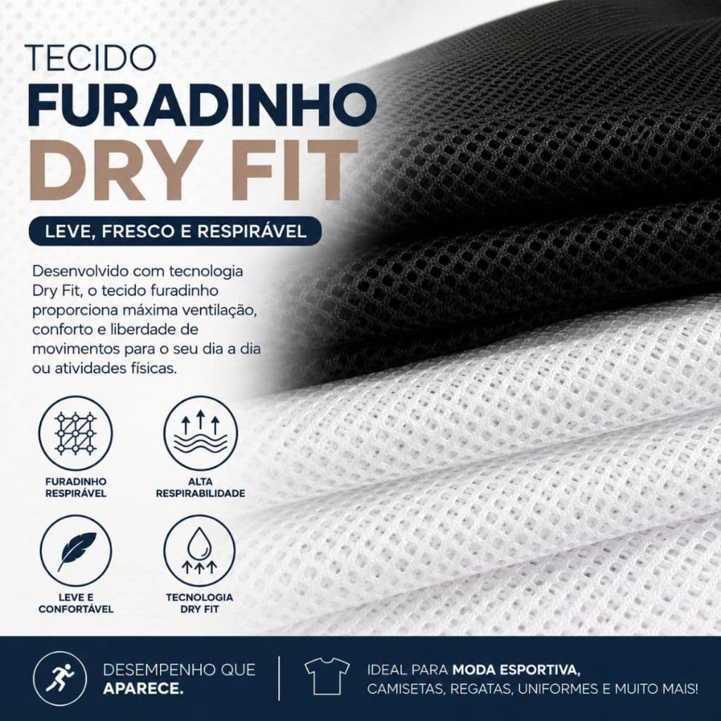 Tecido Furadinho Dry Fit Branco e Preto 100% Poliéster Malha Telinha Respirável para Moda Esportiva
