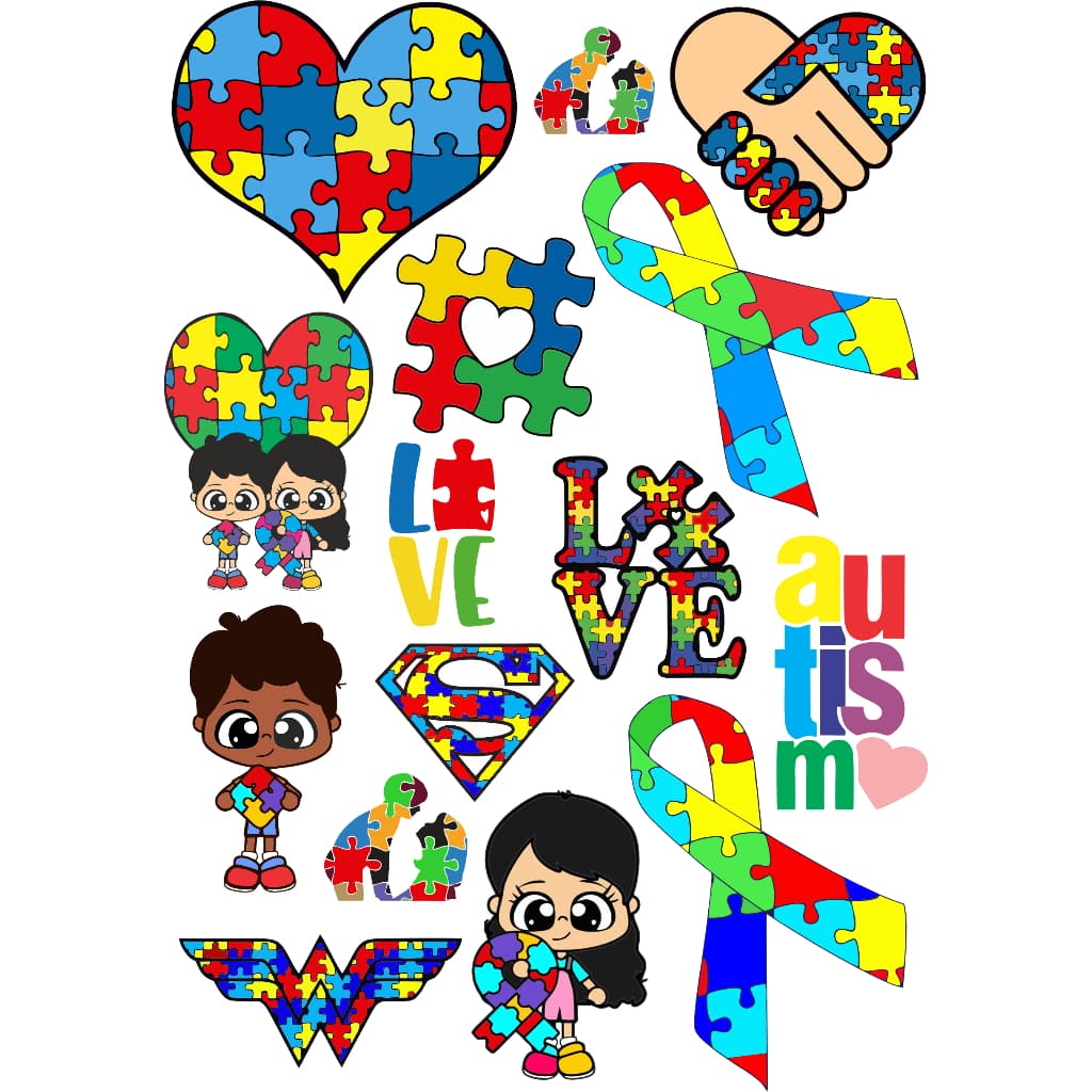 Cartela 15 Adesivos Vinil Autismo e Deficientes | Conscientização e Inclusão Quebra-Cabeça