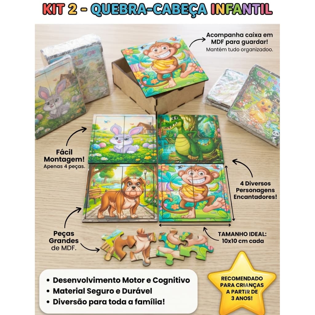 Kit 2 Quebra-Cabeça Infantil Em MDF 4 Unidades 4 Peças Cada Com Caixa Organizada Brinquedo Educativo Didático Menino Men