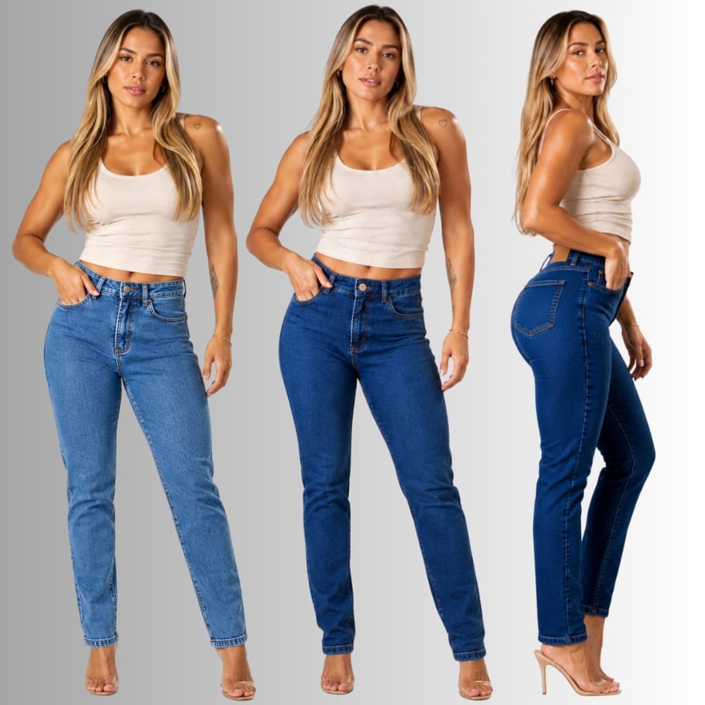 Calça Jeans Feminina Mom Cintura Alta Lycra Costura Reta
