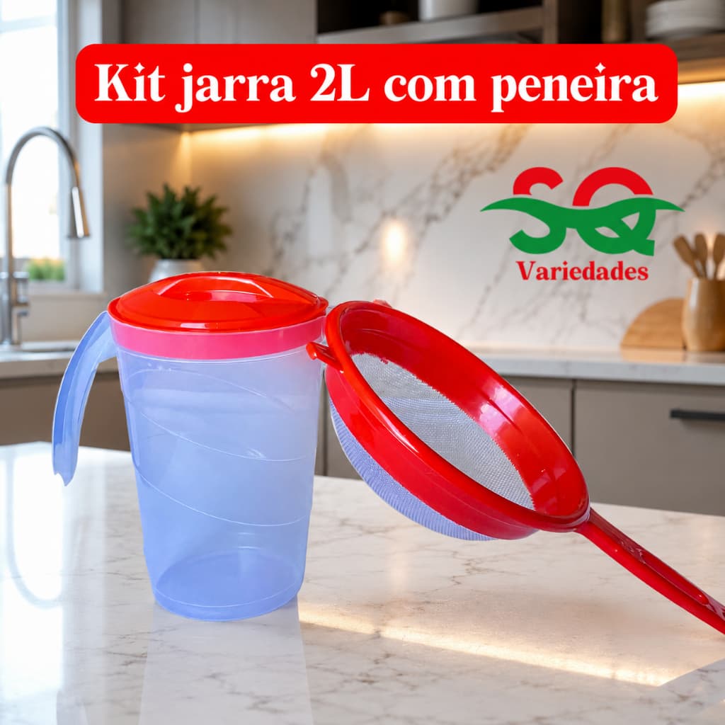 Kit Jarra 2Litros + Peneira Grande 14 Cm Plástico Resistente Atóxico BPA FREE