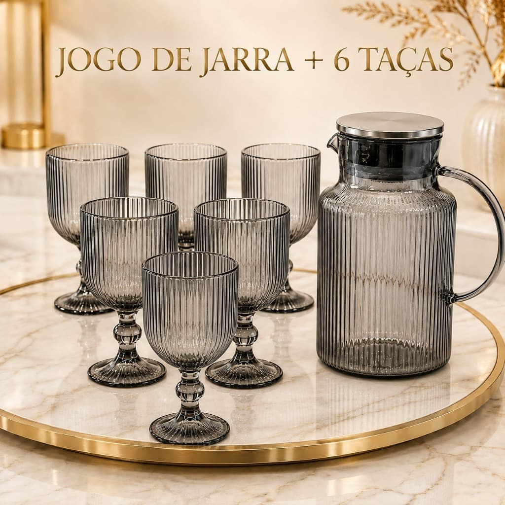Kit Jogo 6 Taças + Jarra Canelada Fumê 1,5L Tampa Inox Vidro Elegante Bebida Suco Água Vinho Drinks