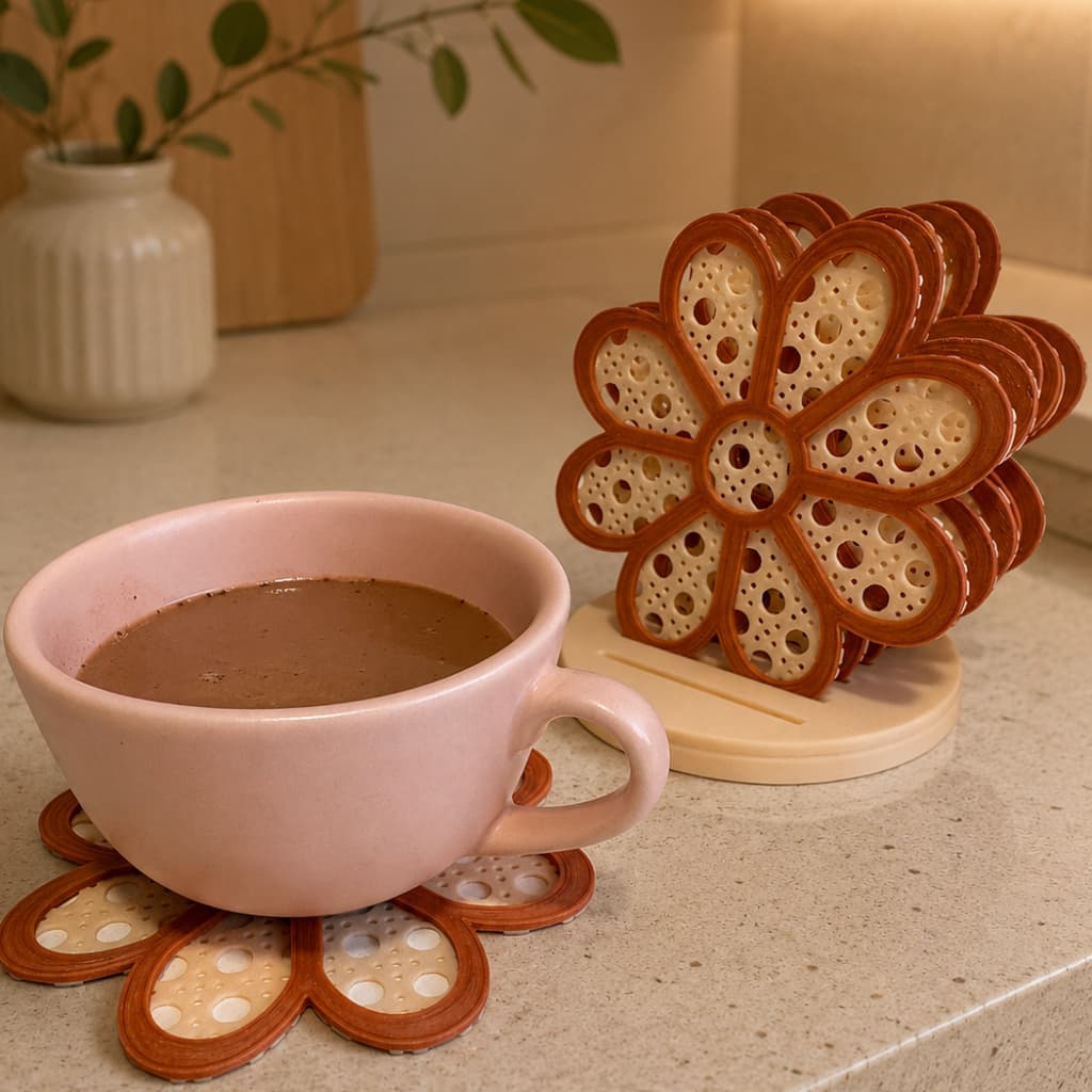 Porta Copos Rattan Flor Kit 6 Peças com Base Decorativo Mesa Café