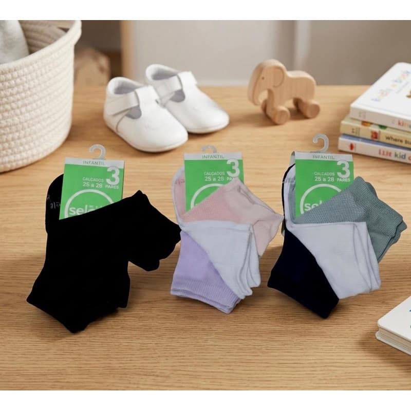 Kit 03 Pares de Meias Infantil Tamanho 25 - 28 SELENE Algodão Cano Curto Respirável Confortável