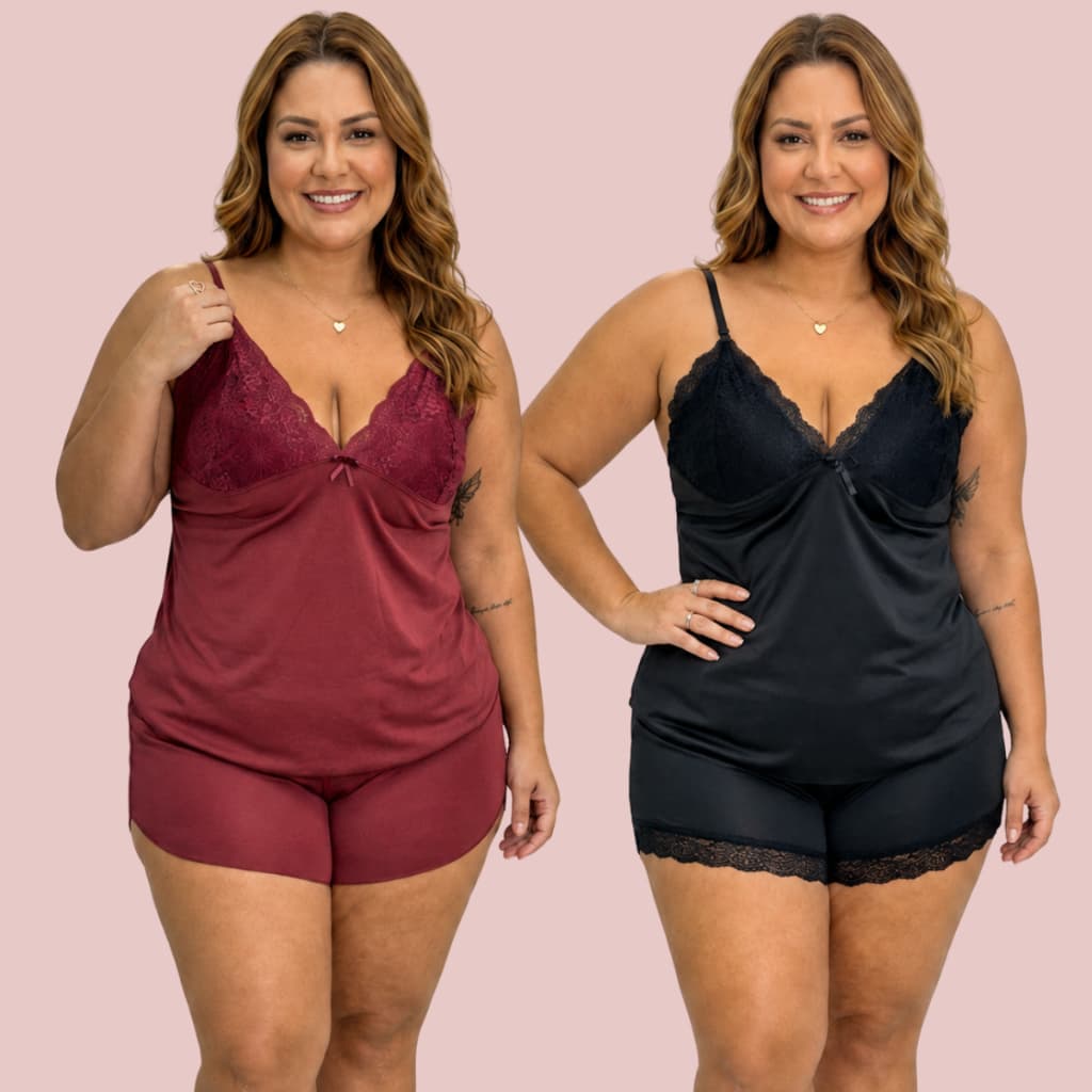 Kit 2 Baby Doll Feminino Plus Size Pijamas XGG Malha Fria com Renda no Busto e Short Doll 46 ao 52