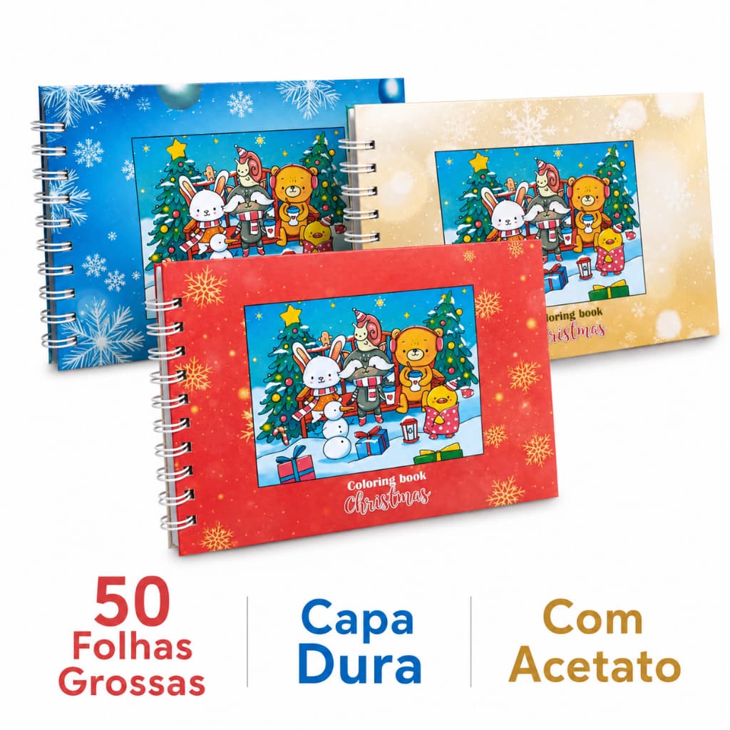 Livro de Colorir Infantil Natal A5 Capa Dura 50 Folhas Grossas com Acetato com ou sem Nome