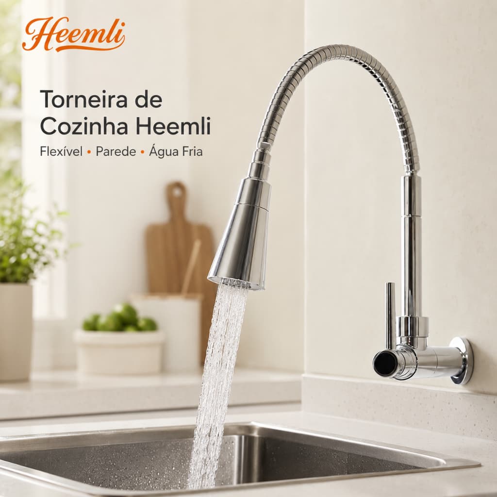 Heemli Torneira de Parede para Cozinha Inox Prata, Bica Giratória 360° e Registro 1/4 de Volta