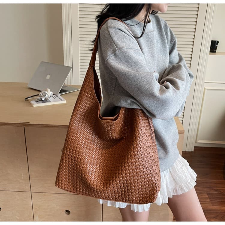 Bolsa Feminina de Ombro Trançada Grande Capacidade Tote Bag Casual Dia a Dia