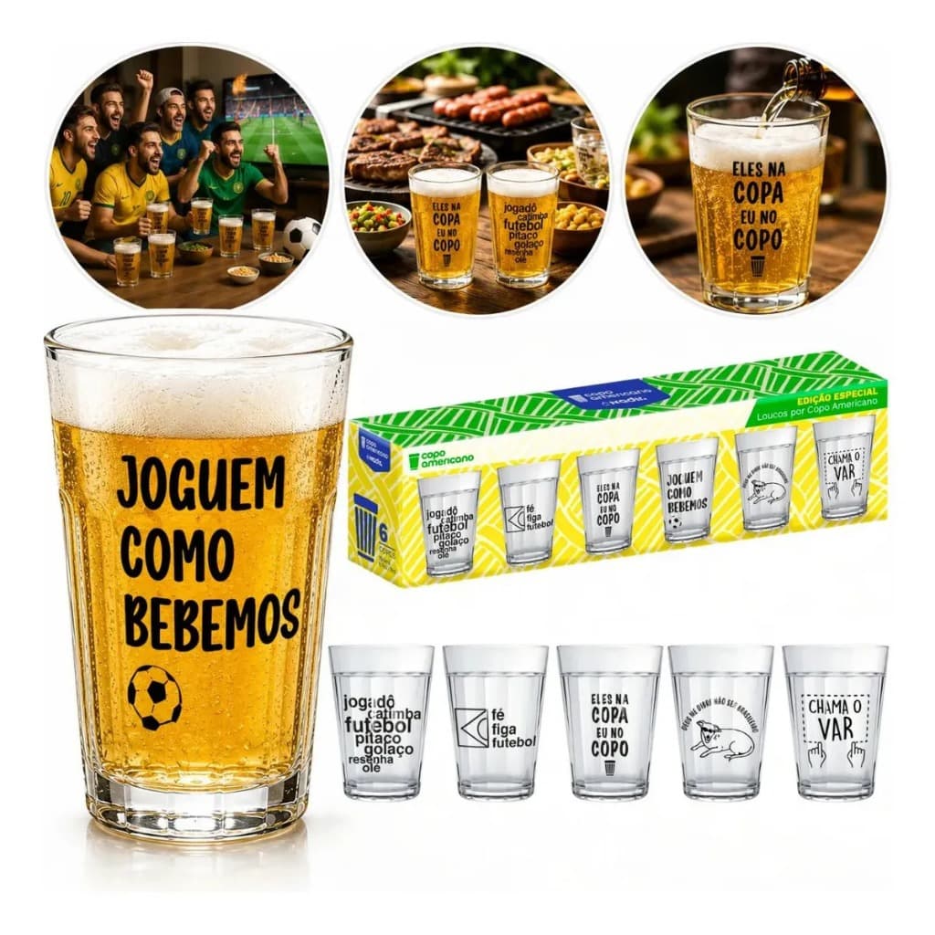 Jogo 6 Copos Americano 190ml Edição Especial Copa Futebol Nadir Figueredo frases