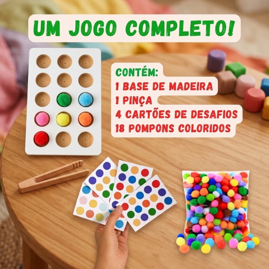 Jogo Educativo Pop It da Sequência Coordenação Motora com Pinça e Pompons Brinquedo Pedagógico Infantil