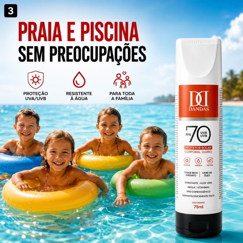 Protetor Solar DANDAS FPS 70 – Rosto e Corpo, 150ml, Toque Seco e Vegano, PARA FAMILIA TODA