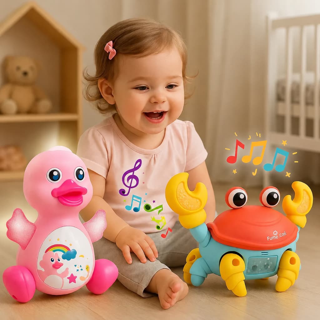 Pato Rosa Dançante + Caranguejo Fujão Conjunto  Brinquedo Patinho Rosa Musical Luz Movimento Infantil