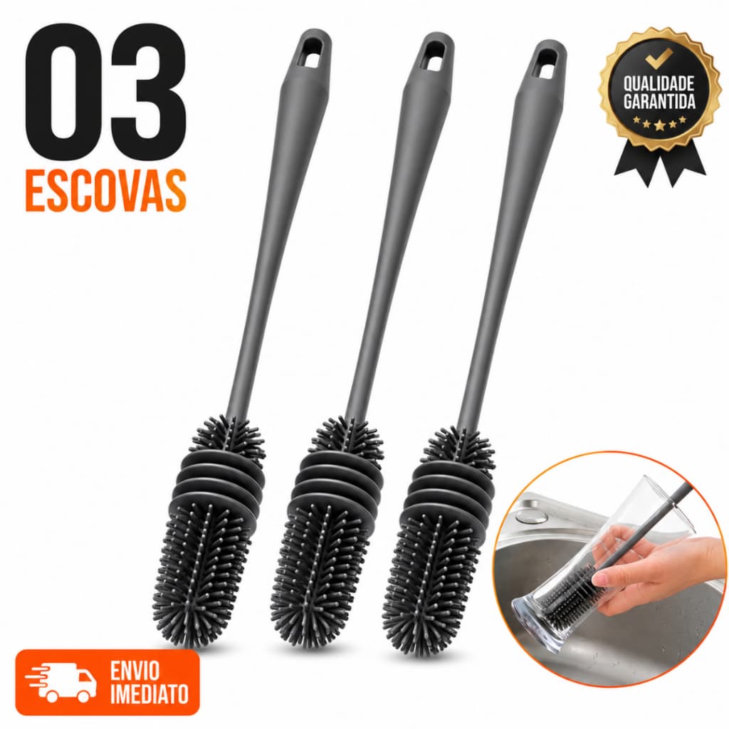 Kit até 3 Escova Silicone Mamadeira Garrafa Copo Taça Limpeza Multifuncional Flexível Reutilizável