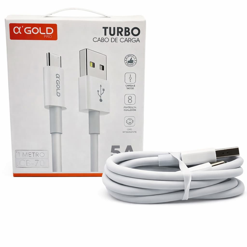 Cabo Carregador Turbo Reforçado USB + Tipo-C/Lightning 25W/35W 1 Metro 5A Para iOS E Android A'GOLD
