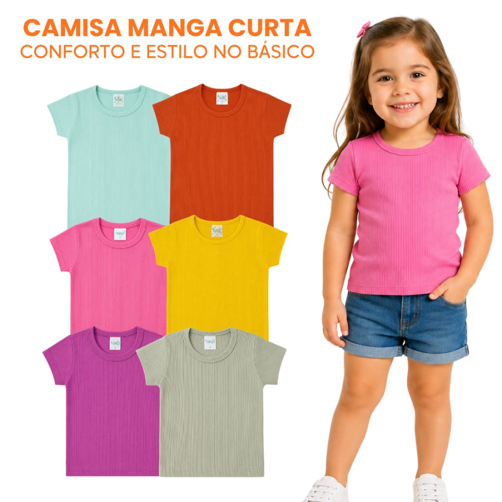 Kit 05 peças Blusa Infantil Canelada Lisa Manga Curta Tamanho 01 ao 10 anos