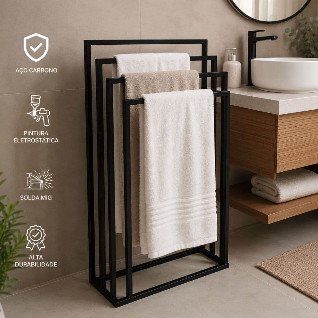 Toalheiro De Chão 3 Grades Porta Toalha Decoração Luxo Moderno Ideal p/ Piscina, Varanda e Banheiro