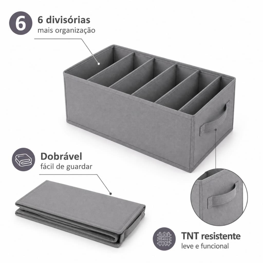 Cesto Organizador de Guarda Roupas Cinza 6 Divisórias Armário Multiuso