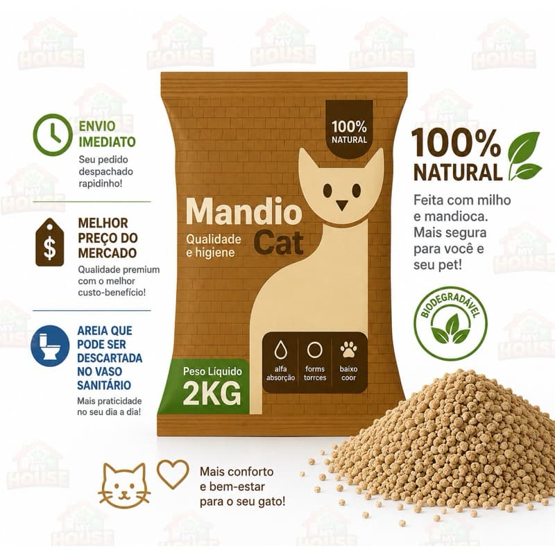 Areia De Gato MandioCat Biodegradável Grãos Finos -Areia de Mandioca Areia Higiênica 100% Natural e Biodegradavel
