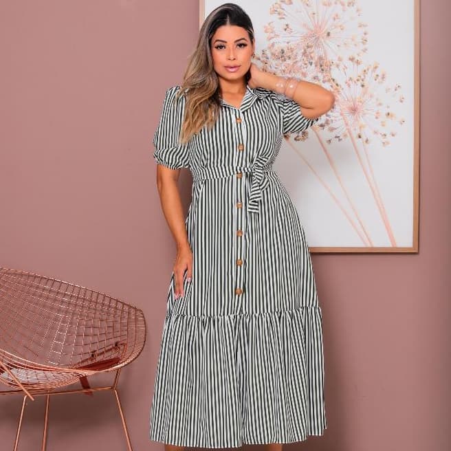 Vestido Midi Listrado Feminino Tamanho Único com Botões  y laço Manga Bufante Elegante Tecido Duna