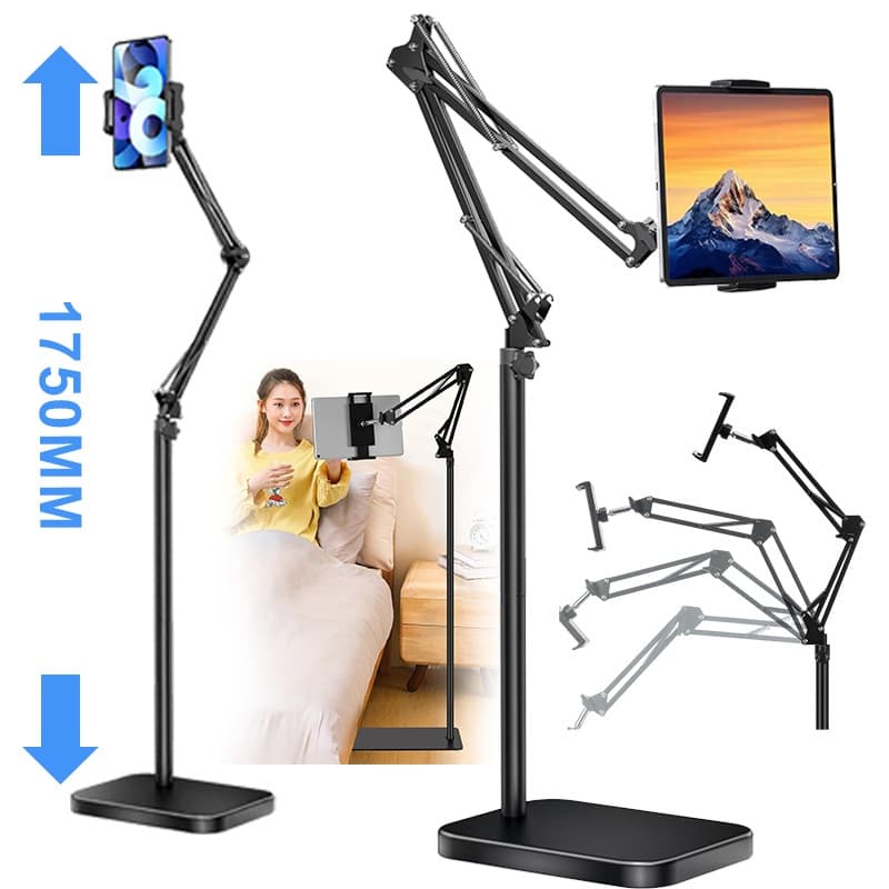 1.75M Suporte de Chão para Celular e Tablet Ajustável 360° com Base Quadrada com Braço Mecânico