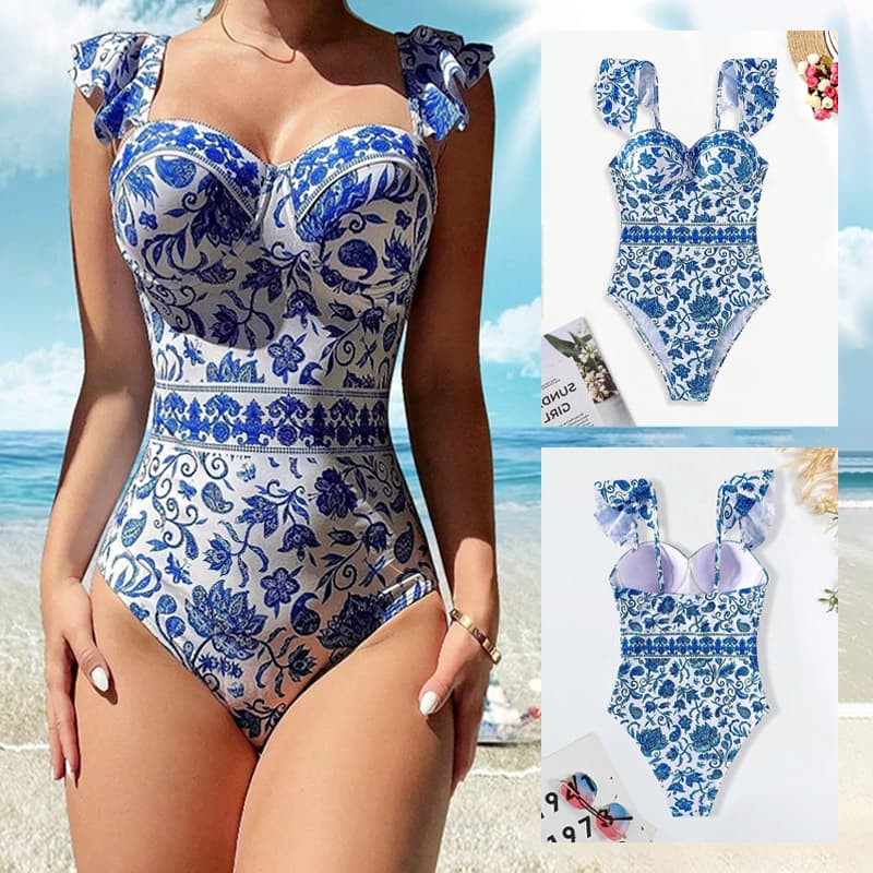 Maiô Feminino Estampa Azul e Branco Alças com Babados Cintura Alta Modelador Praia Verão