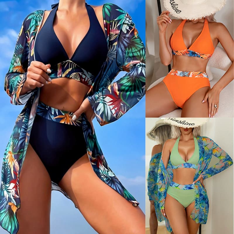 Conjunto de Biquíni 3 Peças Feminino Estampa Tropical com Kimono Moda Praia Verão