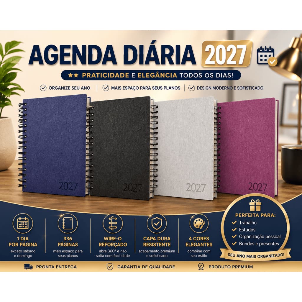 1 Agenda Luxo Diária 2027 Aço Escovado Varias Cores Executiva