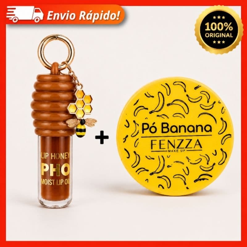 Kit Pó Banana Fenzza + Lip Gloss Mel Honey Chaveiro abelhinha| Pó Facial Matificante + Lip Oil Hidratante