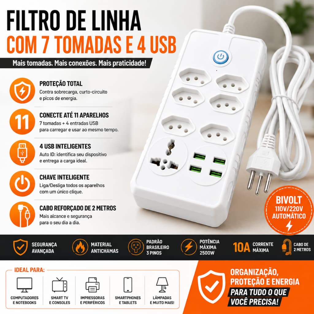 Filtro de Linha 7 Tomadas 4 USB 2 Metros Bivolt Kapbom KA-7001 com Proteção 2500W